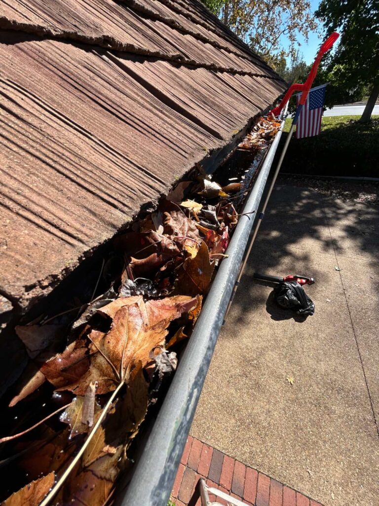 Clogged gutter full of leaves before cleaning in San Diego
